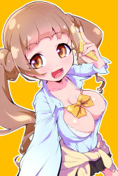 Rule 34 | 1girl, areola slip, black skirt, blue shirt, bow, bowtie, bra, breasts, brown cardigan, brown eyes, brown hair, cardigan, cardigan around waist, cleavage, clothes around waist, collarbone, collared shirt, commentary request, dress shirt, food, gyaru, healin&#039; good precure, highres, hiramitsu hinata, ice cream, ice cream cone, large breasts, long hair, long sleeves, looking at viewer, open mouth, outline, pleated skirt, precure, reaching, reaching towards viewer, ryuuta (cure ryuuta), selfie, shirt, simple background, skirt, smile, soft serve, solo, twintails, unbuttoned, unbuttoned shirt, underwear, white bra, white outline, yellow background, yellow bow, yellow bowtie