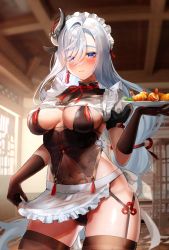 Rule 34 | 1girl, alternate costume, apron, apron lift, black gloves, black leotard, black thighhighs, blue eyes, blush, braid, breasts, closed mouth, clothes lift, covered navel, earrings, enmaided, eyes visible through hair, food, frills, genshin impact, gloves, gluteal fold, hair ornament, hair over one eye, highres, holding, holding food, holding plate, hominamia, indoors, jewelry, large breasts, leotard, lifting own clothes, long hair, looking at viewer, low-braided long hair, low-tied long hair, maid, maid headdress, neck ribbon, no pants, plate, red ribbon, revision, ribbon, shenhe (genshin impact), shrimp, single earring, skindentation, solo, tassel, tassel earrings, thighhighs, thighs, very long hair, white hair
