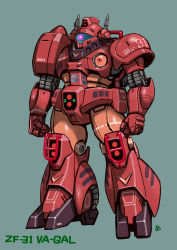 Rule 34 | absurdres, armor, character name, clenched hands, commentary, commentary request, cyclops, energy cannon, glowing, glowing eye, highres, mecha, megaro zamac, mercy rabbit, one-eyed, original, radio antenna, red eyes, retro artstyle, robot, science fiction, sensor, shoulder armor, signature, simple background, solo, visor, zf-31 va-gal