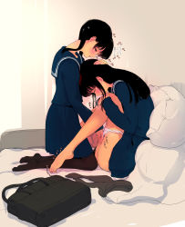 Rule 34 | 2girls, bag, bed, bed sheet, black hair, blunt bangs, blush, bottomless, closed eyes, fingering, folded, from side, full body, hand on another&#039;s head, heart, highres, knees to chest, long hair, long legs, looking at another, multiple girls, original, panties, panty pull, pantyhose, pillow, pleated skirt, school bag, school uniform, skirt, tane no nakami, toe scrunch, toes, twintails, underwear, unworn pantyhose, white panties, yuri