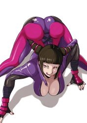 Rule 34 | 1girl, :q, all fours, ass, bent over, black hair, bodysuit, breasts, capcom, cleavage, downblouse, drill hair, gloves, han juri, large breasts, licking lips, looking at viewer, naughty face, popped collar, purple bodysuit, purple eyes, raised eyebrow, sho1027, short hair, simple background, smile, solo, street fighter, street fighter v, thighs, tongue, tongue out, top-down bottom-up, twin drills, twintails, unzipped, white background