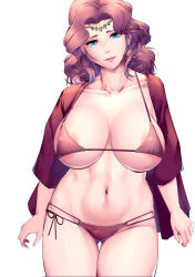 Rule 34 | 1girl, areola slip, arms at sides, bikini, bikini under clothes, blue hair, breasts, circlet, collarbone, cornelia arnim, cowboy shot, curly hair, female focus, fire emblem, fire emblem: three houses, gluteal fold, grey background, harihisa, highres, large breasts, mature female, micro bikini, navel, nintendo, open clothes, open shirt, parted lips, red bikini, red hair, simple background, solo, standing, string bikini, swimsuit, thigh gap, thighs, underboob