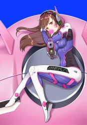 Rule 34 | 1girl, animal print, armor, bad id, bad pixiv id, blowing bubbles, bodysuit, boots, bracer, breasts, brown eyes, brown hair, charm (object), chewing gum, d.va (overwatch), eyebrows, facepaint, facial mark, gloves, gun, headphones, highres, holding, holding gun, holding weapon, long hair, long sleeves, lying, mecha, medium breasts, meka (overwatch), on mecha, on side, overwatch, overwatch 1, pauldrons, pilot suit, pointing, pointing at viewer, rabbit print, robot, shoulder armor, shoulder pads, skin tight, smile (mm-l), solo, swept bangs, thigh boots, thigh strap, thighhighs, weapon, whisker markings, white footwear, white gloves