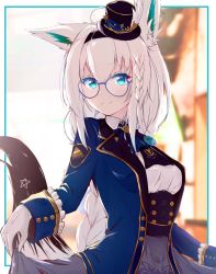 Rule 34 | 1girl, ahoge, animal ear fluff, animal ears, ascot, beige skirt, blue ascot, blue jacket, blurry, blurry background, blush, border, braid, braided ponytail, clothes lift, commentary request, fox ears, fox girl, fox tail, glasses, gloves, green eyes, hair between eyes, hairband, hat, highres, hololive, jacket, joker oowo, long hair, long sleeves, looking at viewer, mini hat, open clothes, open jacket, pentagram, shirakami fubuki, shirakami fubuki (aristocrat kei), shirt, sidelocks, single braid, skirt, skirt lift, smile, solo, tail, virtual youtuber, white gloves, white hair, white shirt