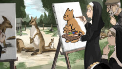 Rule 34 | 2boys, 3girls, absurdres, animal, blonde hair, blue eyes, blue sky, canvas (object), child&#039;s drawing, clumsy nun (diva), diva (hyxpk), easel, father (diva), forest, from behind, habit, highres, kangaroo, little nuns (diva), mole, mole under eye, multiple boys, multiple girls, nature, nun, outdoors, paintbrush, painting (action), painting (object), palette (object), revision, sketching, sky, strict nun (diva), traditional nun, veil
