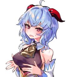 Rule 34 | 1girl, ahoge, bare shoulders, bell, blue hair, blush, breasts, danbal, detached sleeves, fang, ganyu (genshin impact), genshin impact, gold trim, highres, horns, long hair, looking at viewer, medium breasts, neck bell, no gloves, open mouth, purple eyes, revision, sidelocks, skin fang, solo, sweat, upper body, white background, white sleeves
