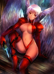 Rule 34 | 1girl, boots, breasts, center opening, final fantasy, final fantasy tactics, groin, head wings, highleg, holding, kara (color), large breasts, large wings, leg up, legs, leotard, lips, navel, red eyes, red leotard, red thighhighs, short hair, silver hair, sitting, solo, thigh boots, thighhighs, thighs, ultima (fft), weapon, wings