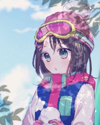 Rule 34 | 1girl, :o, bad id, bad pixiv id, bang dream!, beanie, black hair, blue eyes, blush, breath, coat, day, gloves, goggles, goggles on head, hair ornament, hairclip, hat, medium hair, okusawa misaki, outdoors, pink gloves, pink hat, pom pom (clothes), poyo (shwjdddms249), scarf, snow, solo, upper body, winter clothes