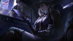 1boy 1girl artist_request black_lips black_shirt boots breasts car_interior chest_harness clipboard collared_shirt copyright_name crossed_legs dress_shirt earrings elbow_gloves facial_mark fedora formal_clothes from_below gloves harness hat highres holding holding_clipboard jacket jacket_on_shoulders jewelry langley_(path_to_nowhere) large_breasts medium_hair necktie official_art open_window path_to_nowhere shirt sitting solo_focus suit sunglasses thigh_boots tie_clip window