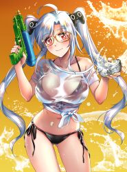Rule 34 | 1girl, absurdres, bikini, breasts, cleavage, glasses, gluteal fold, highres, large breasts, long hair, looking at viewer, navel, red eyes, see-through, shirt, smile, solo, songwut ouppakarndee, standing, swimsuit, twintails, water gun, wet, wet clothes, white hair, white shirt