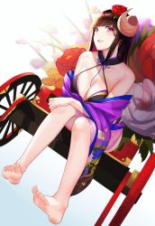 Rule 34 | 1girl, azur lane, bare shoulders, barefoot, breasts, brown hair, cleavage, collarbone, commentary request, curled horns, dutch angle, feet, flower, full body, hair flower, hair ornament, highres, horns, japanese clothes, kimono, kojo (0124), long hair, on bench, open mouth, purple eyes, resolution mismatch, revision, rickshaw, sitting, smile, soles, solo, source larger, suruga (azur lane), suruga (hundred flower&#039;s auspice) (azur lane), toes