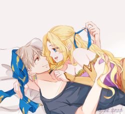 Rule 34 | 1boy, 1girl, amano yoshitaka design, arm around neck, bare shoulders, black shirt, blonde hair, blue eyes, blue ribbon, blush, breasts, brown eyes, celes chere, cleavage, couple, detached sleeves, dress, earrings, final fantasy, final fantasy vi, ginshachi, girl on top, grey hair, hair ribbon, hair scarf, hand in another&#039;s hair, hand on another&#039;s chest, highres, jewelry, lace-up sleeves, locke cole, long hair, looking at another, medium breasts, open mouth, pillow, ribbon, shirt, short hair, smile, square enix, strapless, strapless dress, t-shirt, upper body, white background