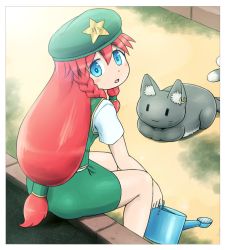 Rule 34 | 1girl, :3, adapted costume, beret, blue eyes, blush, blush stickers, border, braid, brick, chen, chen (cat), earrings, from behind, green hat, green vest, hat, hong meiling, jewelry, long hair, looking at another, looking at viewer, looking back, miniskirt, nekomata, open mouth, outdoors, photo (object), puff of air, red hair, shirosato, shirt, short sleeves, sitting, skirt, skirt set, solo, taut clothes, touhou, twin braids, very long hair, vest, watering can, white border, white shirt, | |