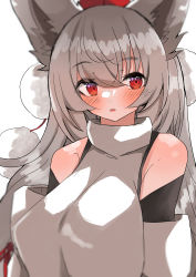 Rule 34 | 1girl, absurdres, alternate hair length, alternate hairstyle, animal ears, bare shoulders, blouse, blurry, blush, breasts, commentary request, depth of field, detached sleeves, hair between eyes, hat, highres, inubashiri momiji, large breasts, long hair, looking at viewer, open mouth, pom pom (clothes), red eyes, red hat, red ribbon, regua, ribbon, shirt, sleeve ribbon, sleeveless, sleeveless shirt, solo, tokin hat, touhou, upper body, very long hair, wolf ears