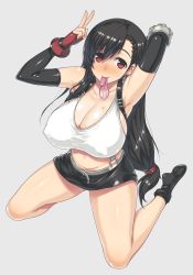 Rule 34 | 1990s (style), 1girl, arm behind head, arm up, armpits, black hair, blush, breasts, cleavage, commentary request, condom, condom in mouth, covered erect nipples, darabuchi, earrings, elbow gloves, elbow pads, final fantasy, final fantasy vii, fingerless gloves, full body, gloves, highres, jewelry, kneeling, large breasts, long hair, looking at viewer, low-tied long hair, midriff, miniskirt, mouth hold, navel, pencil skirt, red eyes, retro artstyle, shirt, skirt, smile, socks, solo, suspender skirt, suspenders, tank top, taut clothes, taut shirt, tifa lockhart, used condom, v, white background