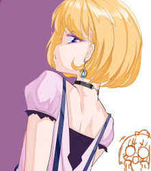 Rule 34 | 1girl, backless outfit, bbb577, blonde hair, chibi, chibi inset, chinese commentary, commentary request, earrings, eyeliner, from behind, hair behind ear, jewelry, looking back, makeup, original, profile, purple eyeliner, purple eyes, solo, suspenders, upper body