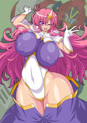 Rule 34 | 00s, 1girl, absurdres, blush, breasts, covered navel, curvy, covered erect nipples, gloves, great magami, gundam, gundam seed, gundam seed destiny, hair ornament, highleg, highres, huge breasts, leotard, long hair, looking at viewer, meer campbell, one eye closed, open mouth, pink hair, purple eyes, smile, solo, star (symbol), star hair ornament, thick thighs, thighs, wide hips