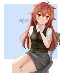 Rule 34 | 1girl, ahoge, alternate costume, ame-san, brown eyes, chair, commentary request, dated, dress shirt, grey skirt, grey vest, hair flaps, hairband, highres, kantai collection, long hair, looking at viewer, office lady, pencil skirt, red hairband, shiratsuyu (kancolle), shiratsuyu kai ni (kancolle), shirt, short hair, sitting, skirt, solo, twitter username, two-tone background, vest, white shirt