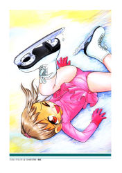 Rule 34 | 1girl, ;d, blush, brown hair, child, clothes lift, cross-laced footwear, crotch, dated, dutch angle, figure skater, flat chest, foreshortening, from above, gloves, highres, hoshino fuuta, ice, ice skating, leg up, leotard, long hair, looking at viewer, lying, on back, one eye closed, open mouth, pantyhose, ponytail, red eyes, scan, scrunchie, skates, skating, skirt, skirt lift, smile, solo, spread legs, traditional media, wince