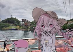 Rule 34 | 1girl, ahoge, bad id, bad pixiv id, bare legs, bare shoulders, blush, boat, brown headwear, cloud, cloudy sky, cup, disposable cup, dress, drooling, floating hair, flying sweatdrops, food, hat, holding, holding cup, holding spoon, ice cream, long hair, low twintails, original, outdoors, photo background, pink hair, power lines, purple eyes, saliva, shiodome oji, sky, sleeveless, sleeveless dress, solo focus, spoon, star-shaped pupils, star (symbol), sun hat, symbol-shaped pupils, translation request, twintails, upper body, very long hair, water, watercraft, white dress, wind