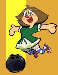 Rule 34 | 1girl, ahoge, animal crossing, arms up, ball, bloomers, blue pantyhose, blush stickers, bowling ball, brown hair, dress, female focus, flat chest, full body, green dress, green eyes, happy, jaggy lines, jumping, looking at viewer, mangneto, motion lines, nintendo, open mouth, orange background, outstretched arms, pantyhose, red footwear, shoes, short hair, short sleeves, simple background, smile, solo, spread arms, striped clothes, striped pantyhose, super smash bros., two-tone background, underwear, villager (animal crossing), white bloomers