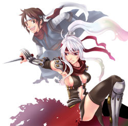 Rule 34 | 1boy, 1girl, aikawa yuzuki, armor, armored boots, assassin cross (ragnarok online), black leotard, black thighhighs, blue kimono, boots, breasts, brown eyes, brown hair, cape, cleavage, dagger, feet out of frame, hairband, headband, holding, holding dagger, holding knife, holding weapon, japanese clothes, kimono, knife, leotard, looking at viewer, medium breasts, navel, ninja (ragnarok online), open mouth, pauldrons, ponytail, ragnarok online, red cape, red eyes, red headband, red scarf, revealing clothes, scarf, shiny skin, shoulder armor, simple background, smile, thighhighs, torn cape, torn clothes, vambraces, waist cape, weapon, white background, white hair, white hairband