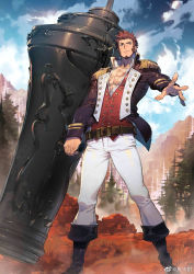 Rule 34 | 1boy, bara, beard, belt, blue eyes, boots, brown hair, collared jacket, day, epaulettes, facial hair, fate/grand order, fate (series), full body, highres, holding, holding weapon, huge weapon, jacket, long sideburns, long sleeves, looking at viewer, pectoral cleavage, male focus, military, military uniform, mountain, muscular, napoleon bonaparte (fate), official art, open clothes, open jacket, pants, pectorals, ryota-h, scar, sideburns, sky, solo, standing, thighs, uniform, weapon