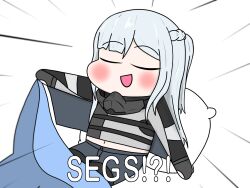Rule 34 | 1girl, ak-12 (girls&#039; frontline), black pants, blanket, blush, braid, chibi, closed eyes, commentary, crown braid, dead degenerate, english commentary, girls&#039; frontline, gloves, grey hair, highres, holding, holding blanket, long hair, long sleeves, navel, open mouth, pants, pillow, sidelocks, smile, solo, tactical clothes