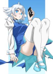 Rule 34 | 1girl, ass, blue background, blue bow, blue bowtie, blue dress, blue eyes, blue footwear, blue panties, bow, bowtie, cellphone, dress, full body, gradient background, highres, holding, holding phone, juliet sleeves, long sleeves, looking at viewer, medium hair, panties, pantyshot, parted lips, personification, phone, pinafore dress, puffy sleeves, shoes, simple background, sleeveless, sleeveless dress, smartphone, solo, tanabe (fueisei), thighhighs, twitter, twitter-san (character), twitter x logo, underwear, white hair, white thighhighs