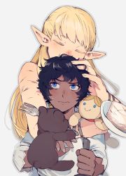 Rule 34 | 1boy, 1girl, 3:, aged down, bare shoulders, black hair, blue eyes, cake, closed eyes, covered mouth, dark-skinned male, dark skin, doll, dungeon meshi, elf, facing viewer, food, fork, grey background, half updo, hand in another&#039;s hair, hand on another&#039;s head, highres, holding, holding weapon, hug, hug from behind, kabru, long sleeves, looking at another, milsiril (dungeon meshi), motherly, pointy ears, puppet, scar, scar on arm, senpuuki (lince0713), short hair, simple background, sleeveless, stuffed animal, stuffed toy, sweatdrop, teddy bear, upper body, weapon