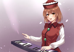 Rule 34 | 1girl, absurdres, blush, breasts, brown hair, buttons, collar, dress, eyes visible through hair, gradient background, hair between eyes, hat, highres, instrument, keenii (kenny86), light, long sleeves, looking at viewer, lyrica prismriver, medium breasts, music, open mouth, petals, piano, pink background, playing instrument, red collar, red dress, red hat, short hair, smile, solo, touhou, white sleeves, yellow eyes