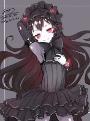 Rule 34 | 10s, 1girl, abyssal ship, arm up, arm warmers, armpits, bad id, bad twitter id, black bow, black dress, black hair, black nails, bonnet, bow, colored skin, dated, dress, flat chest, frilled dress, frills, glowing, glowing eye, gothic lolita, hand on own chest, highres, horns, isolated island oni, kantai collection, lolita fashion, long hair, nail polish, nonono (mino), red eyes, signature, smile, solo, twitter username, very long hair, white skin