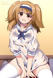 Rule 34 | 10s, 1girl, :d, alternate costume, bikini, breasts, brown eyes, dated, hairband, i-26 (kancolle), kantai collection, large breasts, light brown hair, long hair, open mouth, ruri rarako, sailor collar, see-through, short sleeves, sitting, smile, solo, swimsuit, thighhighs, twitter username, two side up, v arms, wariza, white thighhighs