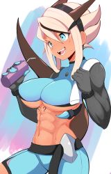 Rule 34 | 1girl, abs, black hairband, blue eyes, blue shorts, bottle, breasts, cowboy shot, fangs, grey hair, hair between eyes, hairband, hands up, highres, holding, holding bottle, jellcaps, large breasts, long hair, midriff, navel, open mouth, original, shorts, sidelocks, signature, smile, solo, tail, underboob