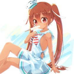 Rule 34 | 10s, 1girl, ayakashi (monkeypanch), brown eyes, brown hair, dark-skinned female, dark skin, dress, food, gradient background, hair ribbon, hat, highres, kantai collection, libeccio (kancolle), long hair, popsicle, ribbon, sailor dress, solo, twintails