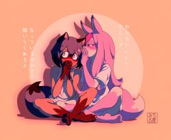 Rule 34 | 2girls, absurdres, animal ears, barefoot, blue hair, brand new animal, commentary request, fox ears, fox girl, fox tail, full body, furry, furry female, furry with furry, highres, hiwatashi nazuna, indian style, kagemori michiru, long hair, michirutnk, multicolored hair, multiple girls, orange background, pink hair, raccoon ears, raccoon girl, raccoon tail, resolution mismatch, short hair, sitting, source smaller, tail, toes, translation request, two-tone hair, whispering, yuri