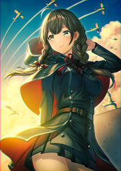 Rule 34 | 1girl, aircraft, belt, black capelet, black dress, blush, braid, breasts, brown belt, brown eyes, brown hair, capelet, commentary request, cowboy shot, dress, floating hair, hair ribbon, hood, hooded capelet, kantai collection, large breasts, long hair, long sleeves, looking away, outdoors, pleated dress, red ribbon, ribbon, shinshuu maru (kancolle), solo, twin braids, unowen, wind