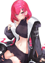 Rule 34 | 1girl, ariaria (netsuki), bare shoulders, black jacket, black shirt, black skirt, black thighhighs, braid, breasts, closed mouth, collarbone, crop top, frown, hair ornament, hairclip, highres, jacket, long sleeves, looking at viewer, medium breasts, midriff, miniskirt, miruto netsuki, navel, off shoulder, open clothes, open jacket, original, pleated skirt, puffy sleeves, red eyes, red hair, revealing clothes, shirt, shoes, short hair, sitting, skindentation, skirt, sleeveless, sleeveless shirt, sneakers, solo, stomach, sweatdrop, thigh strap, thighhighs, thighs, v-shaped eyebrows, wariza, x hair ornament, zettai ryouiki
