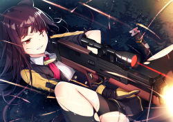 Rule 34 | 1girl, black gloves, black pantyhose, black skirt, blood, blood on face, bullet, bullpup, buttons, clenched teeth, collared shirt, commentary request, firing, furrowed brow, girls&#039; frontline, gloves, grass, gun, holding, holding weapon, injury, jacket, knee up, long hair, long sleeves, looking away, lying, miniskirt, motion blur, muzzle flash, necktie, night, on back, one eye closed, one side up, open clothes, open jacket, pantyhose, parted lips, purple hair, red eyes, red necktie, revision, rifle, scope, shirt, skirt, sniper rifle, solo, teeth, torn clothes, torn jacket, torn pantyhose, underbust, v-shaped eyebrows, wa2000 (girls&#039; frontline), walther, walther wa 2000, weapon, white shirt, yan (nicknikg)