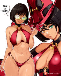 Rule 34 | 1girl, alternate costume, bare shoulders, bikini, black hair, breasts, cleavage, datli64, green-tinted eyewear, green eyes, guilty gear, guilty gear xrd, hat, heterochromia, highres, i-no, large breasts, looking at viewer, mole, mole above mouth, navel, parted lips, red bikini, red headwear, red leather, red lips, short hair, sunglasses, swimsuit, tinted eyewear, trick or treat, witch hat, yellow eyes