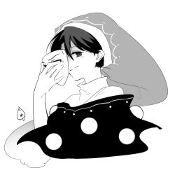 Rule 34 | 1girl, closed mouth, commentary request, doremy sweet, greyscale, hair between eyes, hand up, hat, holding, holding mask, looking at viewer, mask, monochrome, nightcap, pom pom (clothes), shikushiku (amamori weekly), short hair, signature, simple background, smile, solo, touhou, upper body, white background