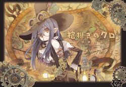 Rule 34 | 1girl, absurdres, black hair, brown eyes, copyright name, gears, glasses, goggles, goggles on headwear, hat, highres, hitsugi katsugi no kuro, kiyuzuki satoko, kuro (hitsugi katsugi no kuro), lamp, long hair, map, official art, pointy ears, round eyewear, solo, steampunk, top hat