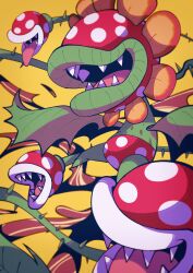 Rule 34 | commentary request, flower, full body, highres, leaf, mario (series), nintendo, no humans, omochiutyu, open mouth, pants, petey piranha, piranha plant, plant, polka dot, polka dot pants, red pants, sharp teeth, simple background, slime (substance), smile, super mario sunshine, teeth, thorns, tongue, tongue out, vines, yellow background