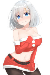 Rule 34 | 1girl, bare shoulders, belt, black pantyhose, blue eyes, blush, breasts, christmas, collarbone, commentary request, cowboy shot, crying, crying with eyes open, elbow gloves, fingerless gloves, fur-trimmed gloves, fur trim, gloves, hair ornament, hairclip, hamakaze (kancolle), hand on own chest, highres, kantai collection, large breasts, light blush, looking at viewer, navel, pantyhose, red gloves, sakikumo (sakumo), santa costume, short hair, silver hair, simple background, solo, stomach, strapless, tears, white background
