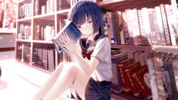 Rule 34 | 1girl, atha (leejuiping), blue eyes, blue hair, blue sailor collar, blue skirt, blurry, blurry background, book, bookshelf, bow, commentary request, day, depth of field, feet out of frame, hands up, highres, holding, holding book, indoors, kiritani haruka, knees up, looking at viewer, open book, pleated skirt, project sekai, red bow, sailor collar, school uniform, serafuku, shirt, short hair, short sleeves, skirt, solo, white shirt, window
