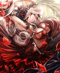 Rule 34 | 1girl, armlet, arms up, breasts, cleavage, dress, flower, gin ji, hair flower, hair ornament, highres, jewelry, large breasts, long hair, looking at viewer, original, petals, red dress, red eyes, shingoku no valhalla gate, smile, solo, tiara, veil, white hair