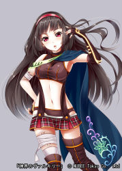 Rule 34 | 1girl, armpits, asymmetrical gloves, bad id, bad pixiv id, black gloves, black hair, black panties, blunt bangs, boots, breasts, cape, crop top, detached sleeves, elbow gloves, fingerless gloves, gloves, grey background, haguda tofu (hakudatofu), hairband, hand in own hair, hand on own hip, highres, long hair, looking at viewer, medium breasts, microskirt, midriff, navel, panties, red eyes, red hairband, shinkai no valkyrie, simple background, skirt, solo, thigh boots, thighhighs, underwear, uneven gloves