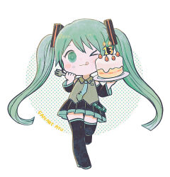 Rule 34 | &gt; o, 1girl, :3, :q, ayu (mog), birthday cake, black skirt, black thighhighs, blue necktie, blush stickers, cake, candle, chibi, detached sleeves, dot nose, duplicate, food, food on face, fork, green eyes, green hair, hatsune miku, holding, holding fork, long hair, long sleeves, looking at viewer, necktie, one eye closed, pleated skirt, skirt, smile, solo, thighhighs, tongue, tongue out, twintails, very long hair, vest, vocaloid