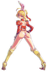 Rule 34 | 10s, 1girl, animal ears, ass, blonde hair, boots, butt crack, epaulettes, fate/extra, fate/stay night, fate (series), from behind, full body, green eyes, hairband, high heels, highres, honzawa yuuichirou, looking back, nero claudius (fate), nero claudius (fate) (all), nero claudius (fate/extra), no pants, panties, rabbit ears, simple background, solo, thong, underwear, white background, white panties