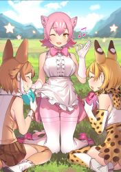 Rule 34 | 3girls, ;d, ^ ^, animal ear fluff, animal ears, apron, apron lift, bad id, bad twitter id, bare shoulders, blonde hair, boots, bow, bowtie, brown hair, brown skirt, center frills, closed eyes, clothes lift, commentary request, day, dhole (kemono friends), eating, elbow gloves, extra ears, facing away, food, food on face, frills, gloves, grass, hand up, highres, isna (footprintsofisna), japari bun, kemono friends, kemono friends 3, kneeling, knees together feet apart, lifting own clothes, looking at viewer, multiple girls, musical note, nature, official art, ok sign, one eye closed, open mouth, outdoors, panther ears, panther tail, pantyhose, peach panther (kemono friends), pink bow, pink footwear, pink hair, pink neckwear, print gloves, print legwear, print neckwear, print skirt, serval (kemono friends), serval print, shirt, shoes, short hair, sitting, skirt, sleeveless, sleeveless shirt, smile, star (symbol), thighband pantyhose, thighhighs, traditional bowtie, white footwear, white gloves, white legwear, white shirt, yellow eyes